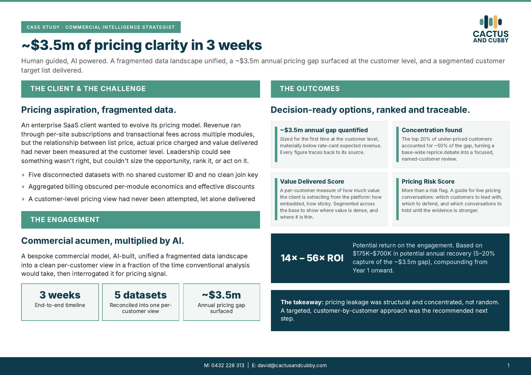 Case study: Pricing Clarity in 3 Weeks. ~$3.5m annual pricing gap surfaced, customer concentration found, segmented target list delivered.